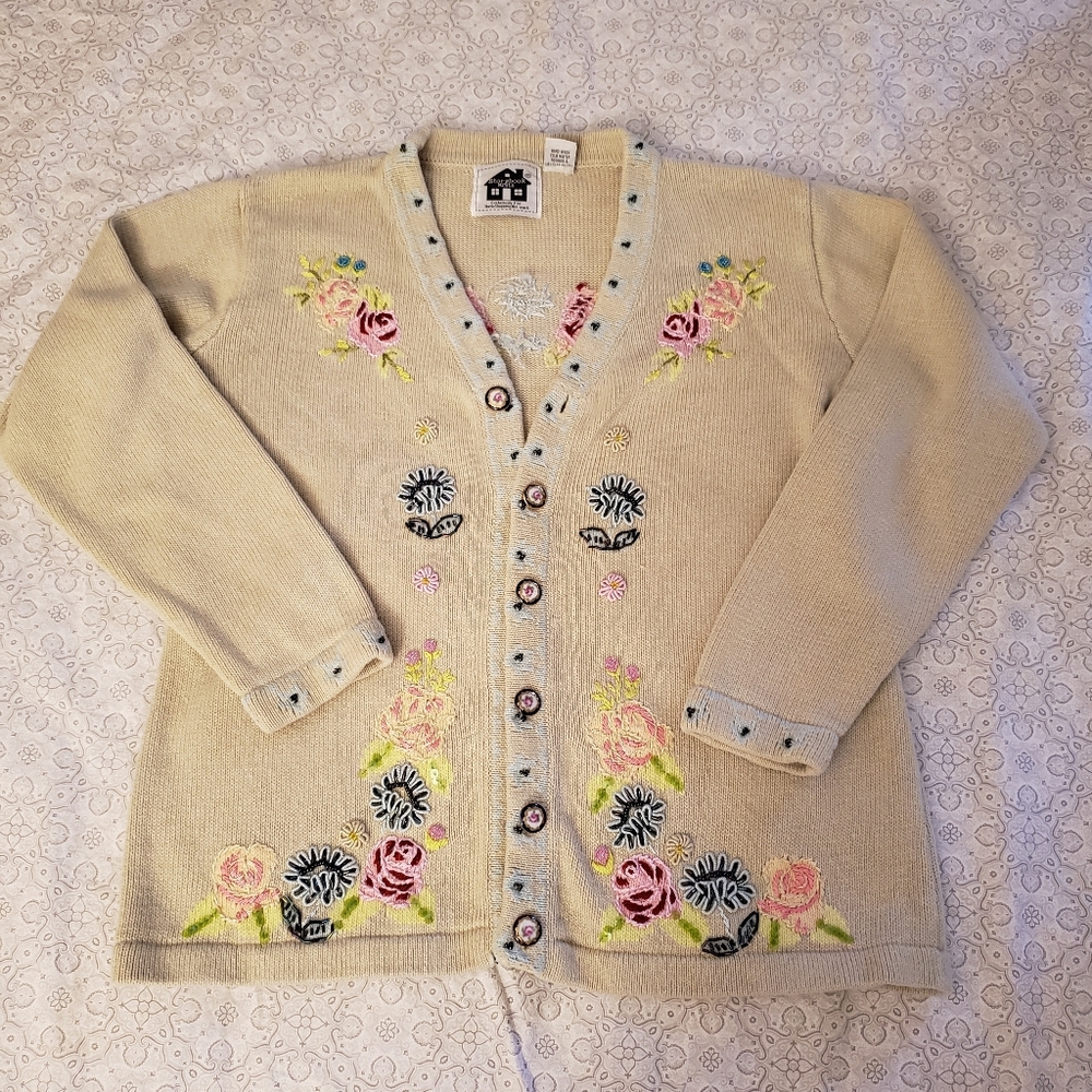 Storybook Knits Cream Cardigan with Floral Embroidery